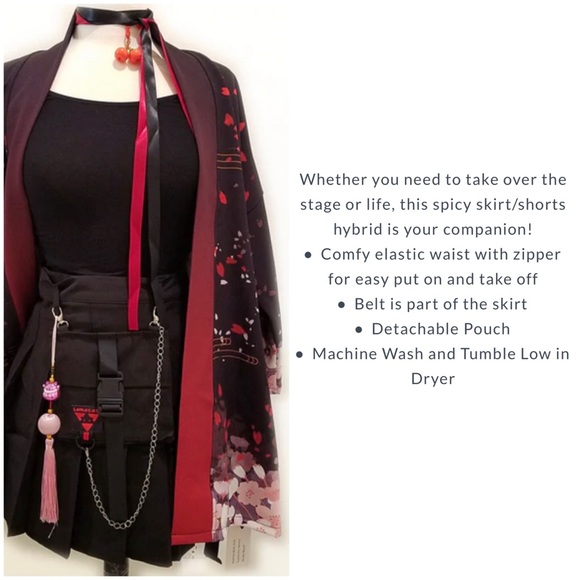 Tape Belt Buckle Black Stretchy Pleated Skort - Picture 10 of 12